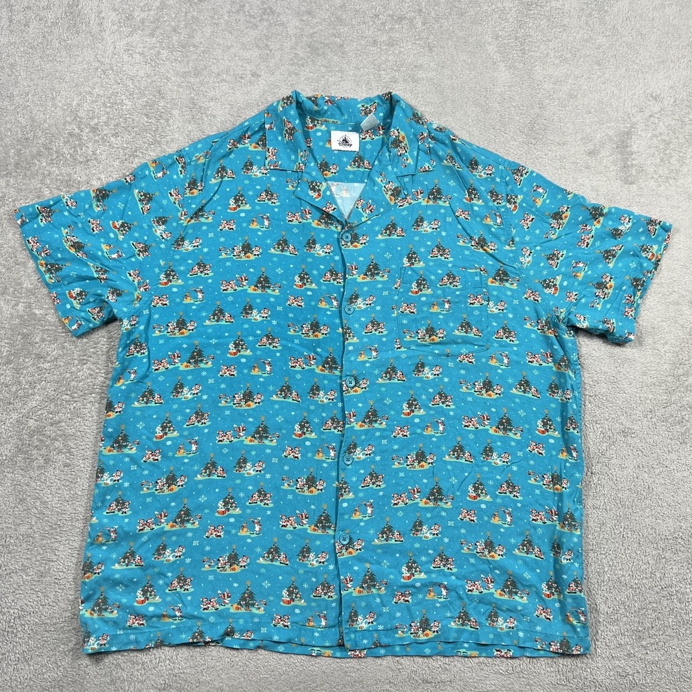 Disney Mickey Mouse Shirt 2XL Blue Christmas Santa Friends Camp Hawaiian Button